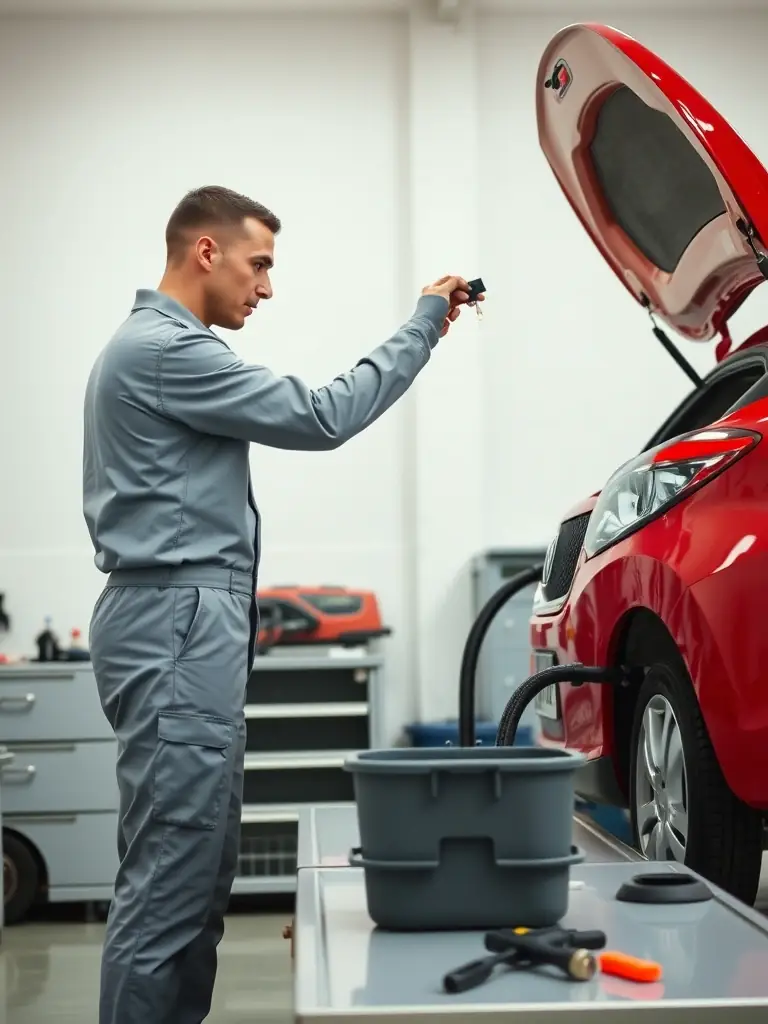 An image showing a technician performing an oil change on a car in a well-equipped workshop, emphasizing the cleanliness and professionalism of B&E AUTO SERVICE.
