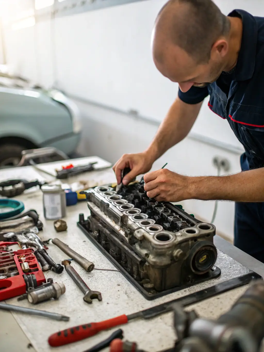 A close-up shot of a mechanic's hands expertly using diagnostic tools on a car engine in the B&E Auto Service workshop, showcasing their technical expertise.