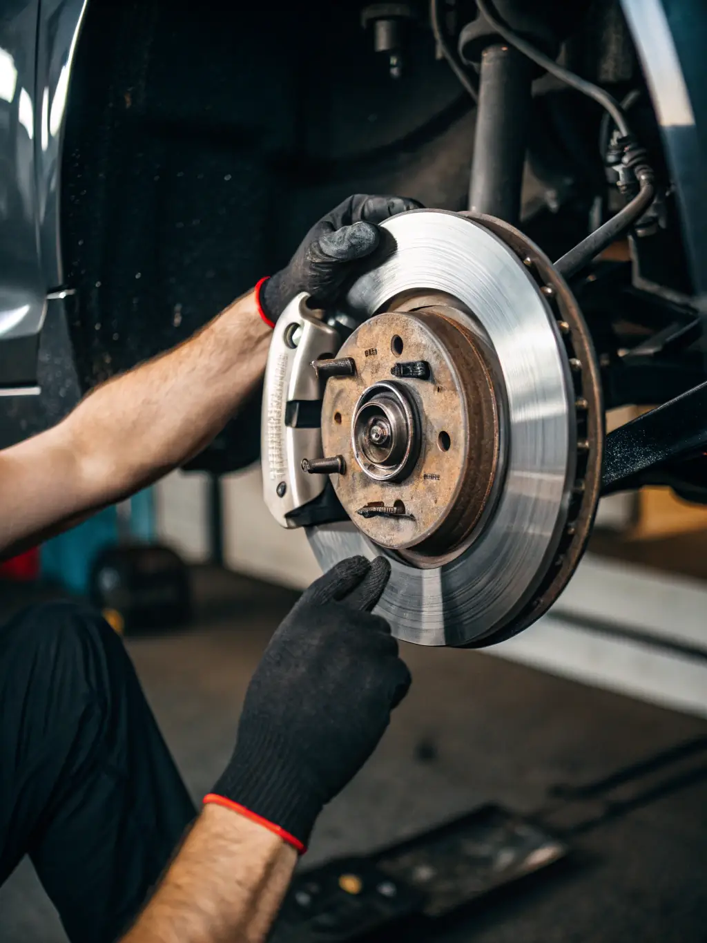 Close-up of brake pads and rotors being inspected and replaced by a technician at B&E AUTO SERVICE, showcasing attention to detail and safety.