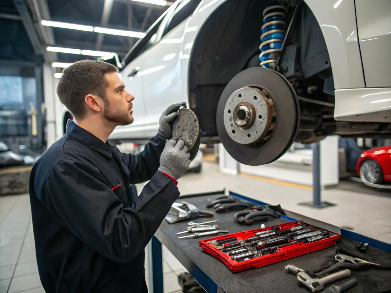 A close-up of a mechanic replacing brake pads on a car. The image should emphasize safety and precision.