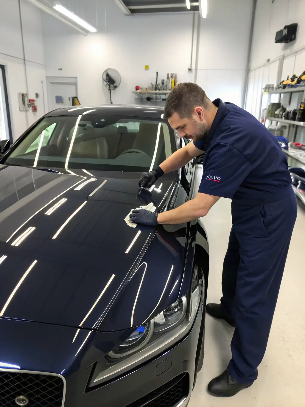 An image of a car being painted in a professional spray booth at B&E AUTO SERVICE, demonstrating the quality of bodywork and paint services.