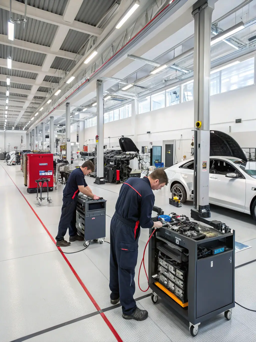 A modern and clean B&E Auto Service workshop with state-of-the-art equipment, highlighting their commitment to using advanced technology.