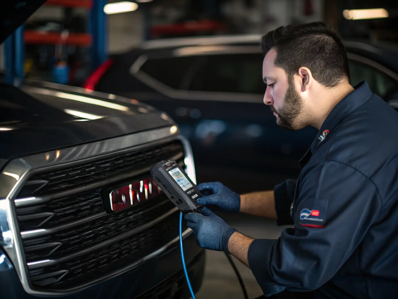 A technician using diagnostic equipment to identify an engine problem in a modern car. The image should highlight the use of advanced technology.