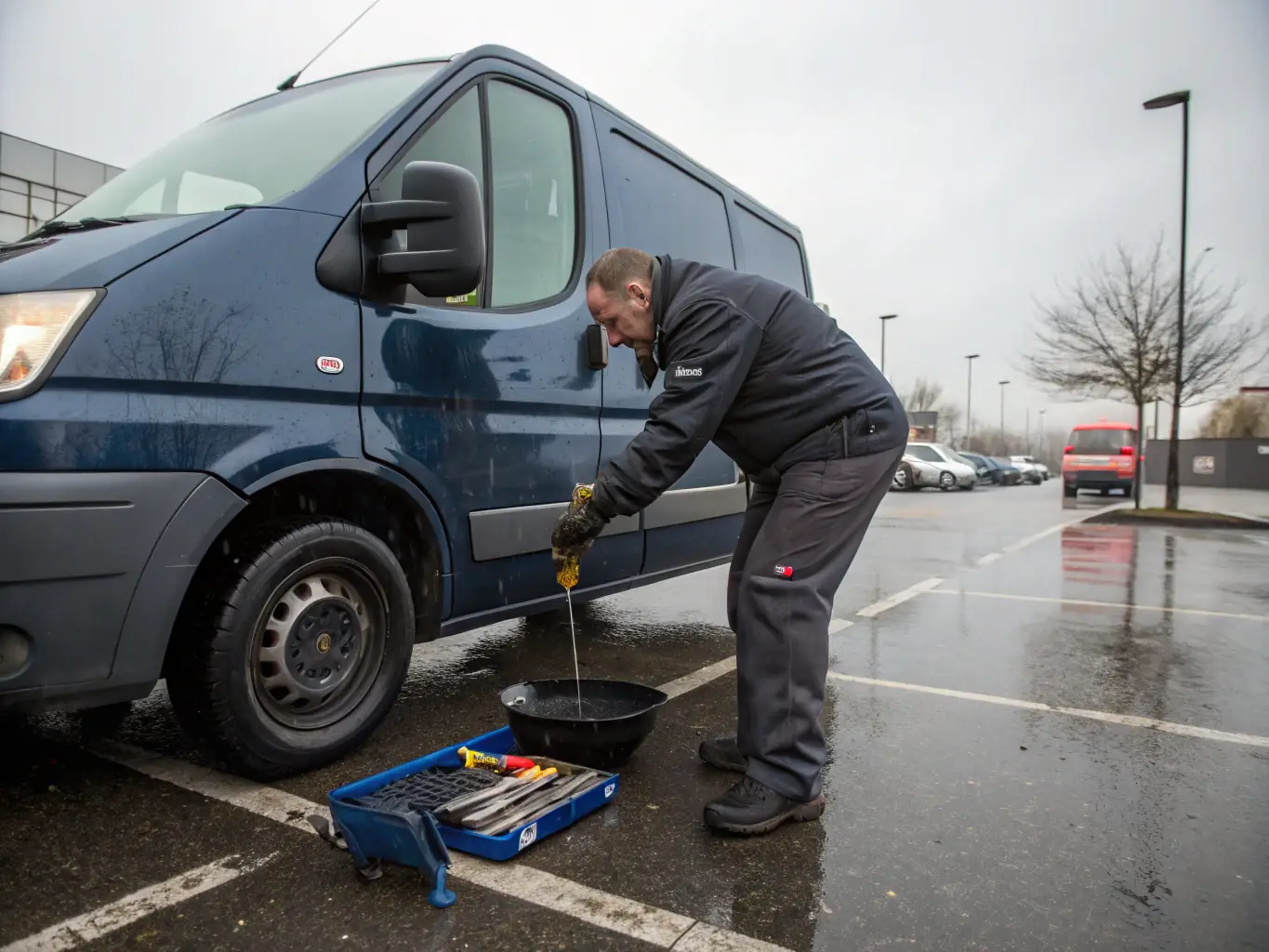 A mechanic performing an oil change on a car in a well-equipped auto service bay. The image should convey professionalism and attention to detail.