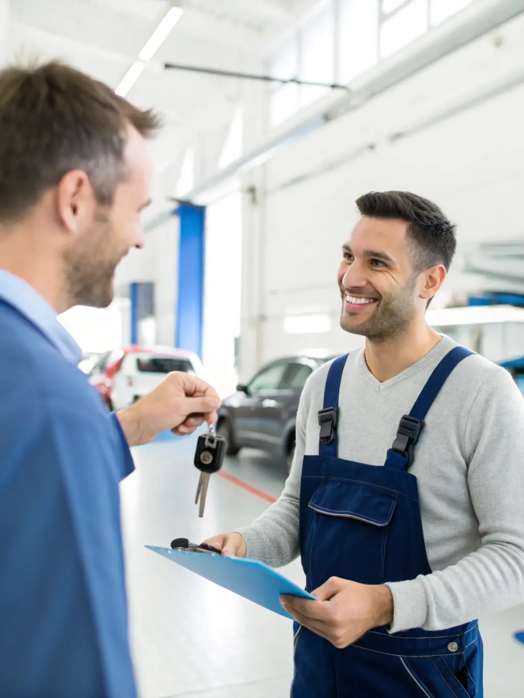 A friendly B&E Auto Service team member handing car keys back to a smiling customer, illustrating their dedication to customer satisfaction.