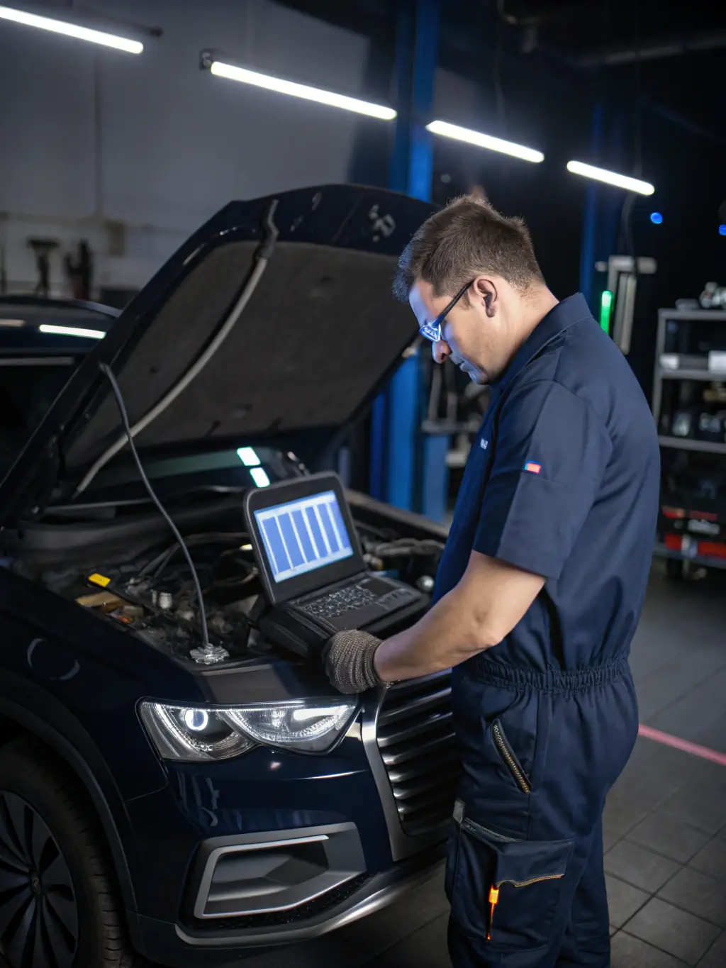 A technician using a diagnostic scanner connected to a vehicle's engine in a modern workshop, highlighting B&E AUTO SERVICE's use of advanced technology.